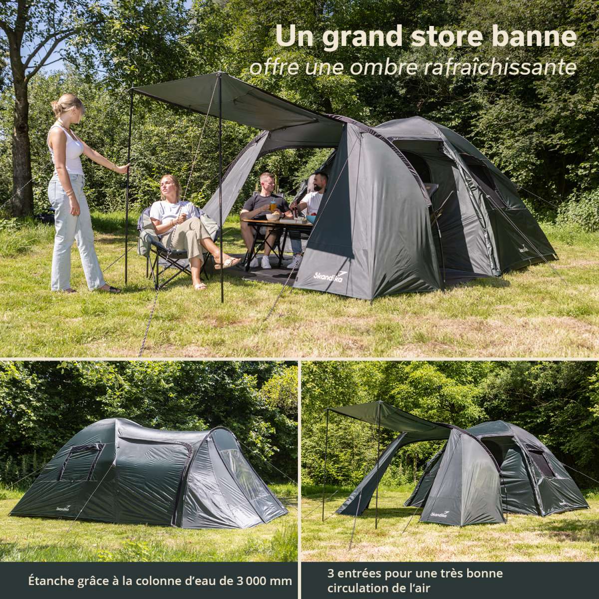 Tente Dôme Skandika Västervik 5 – 5 Places, Hauteur 195 Cm, 3 Entrées, Auvent, Colonne D’eau 3000mm – Nouveau 2024