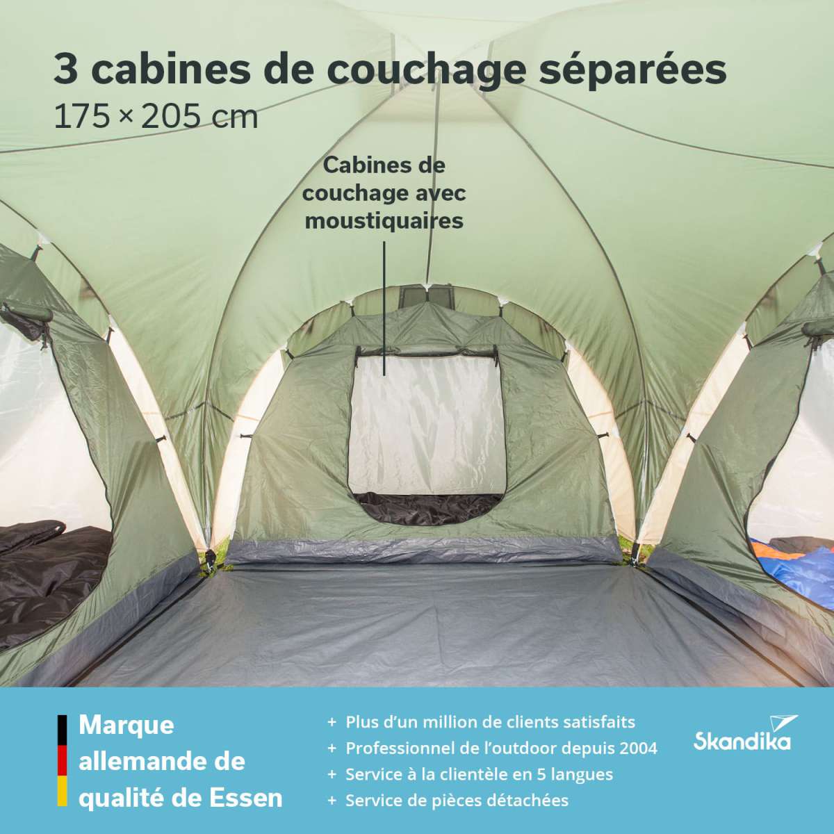 Tente Familiale Dôme Avec Porche 9 Personnes - Imperméable, Résistante Au Vent - 3 Chambres, 1 Porche - Facile à Monter - Verte