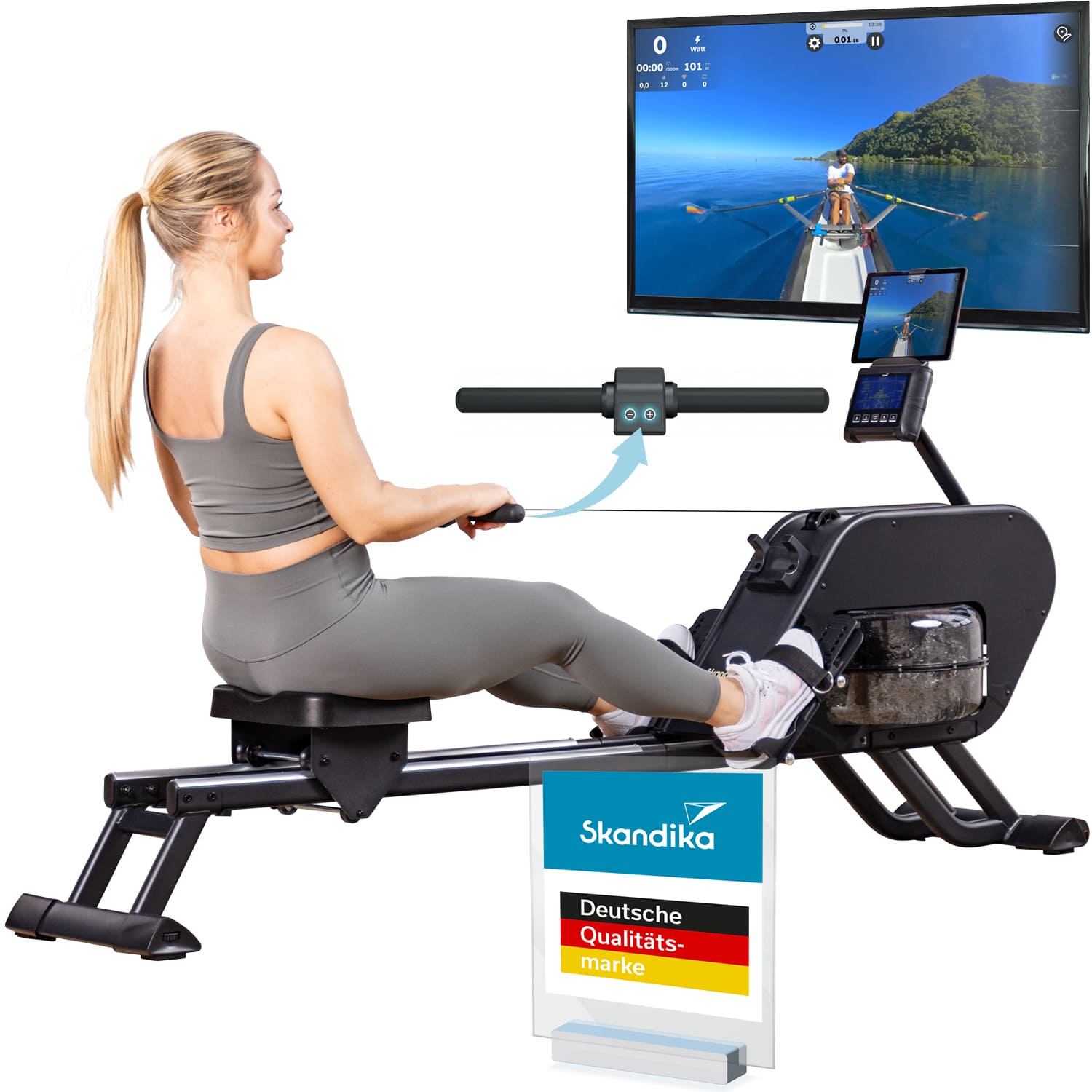 Rameur à Eau Nemo III Hybrid Skandika - Résistance Eau + Magnétique, 32 Niveaux, Bluetooth, Console LCD, Compatible Kinomap - Jusqu'à 130 Kg